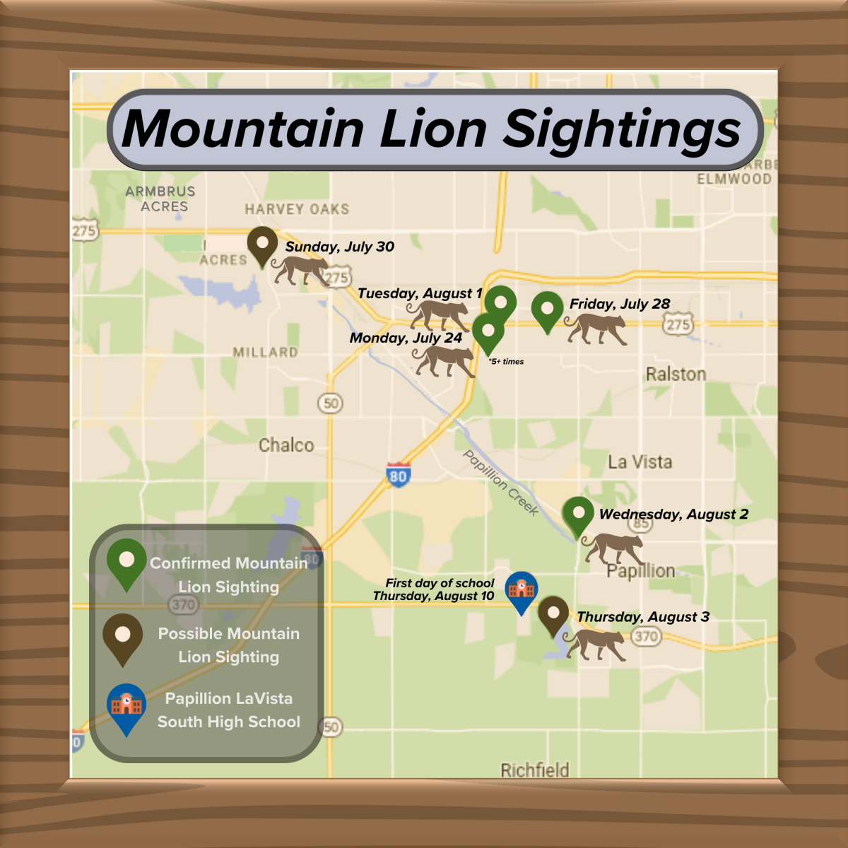 Infographic showing map of mountain lion sightings relative to the location of Papillion-La Vista South H.S. 