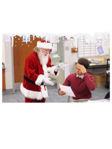 Subby Claus Mo Lowry demonstrates his approach with Nice List-student Tony McGill.