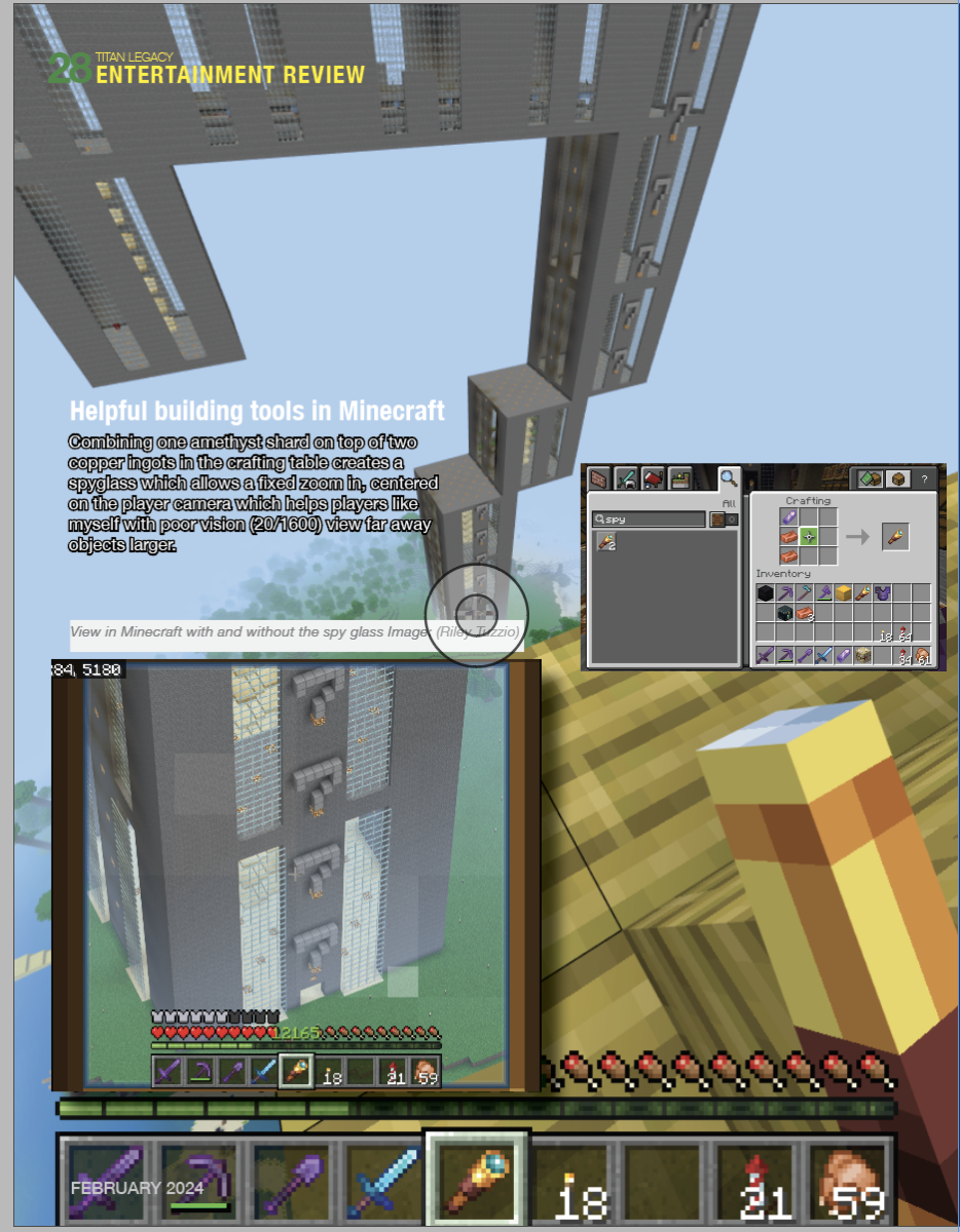 Helpful building tools in Minecraft.
Combining one amethyst shard on top of two copper ingots in the crafting table creates a spyglass which allows a fixed zoom in, centered on the player camera which helps players like myself with poor vision (20/1600) view far away objects larger.