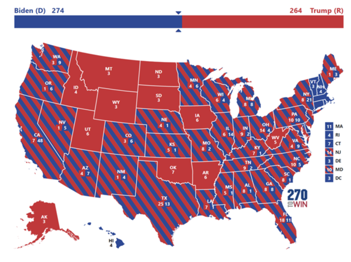 (This photo shows a version of the 2020 election votes by electoral district not winner takes all. Credit: 270 To Win.)