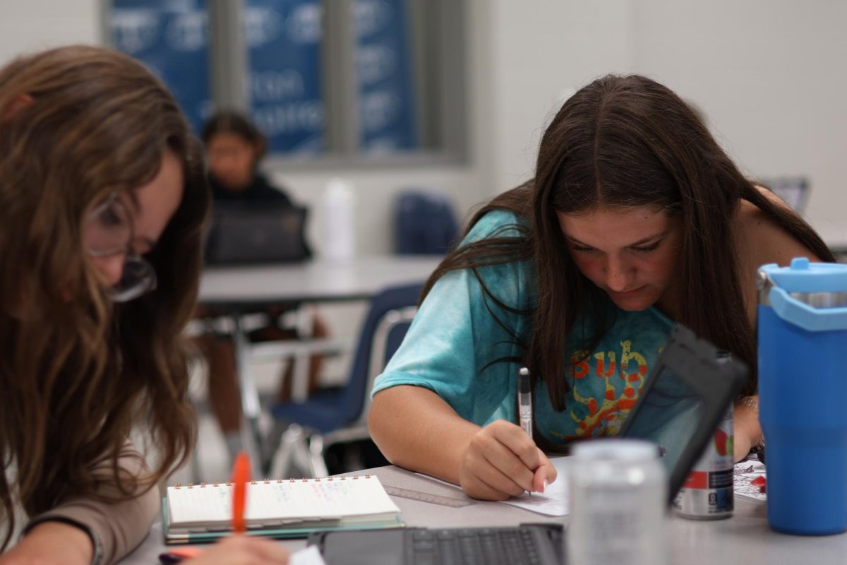 Freshman Alissa Lupo and Sophomore Piper Dougherty working on homework in 4th hour study hall. 