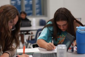 Freshman Alissa Lupo and Sophomore Piper Dougherty working on homework in 4th hour study hall. 