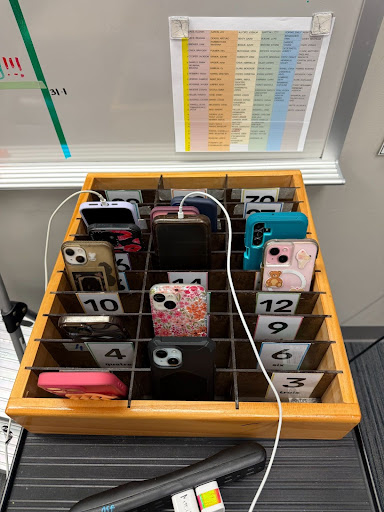French teacher, Stacy Mielke's phone caddy where students keep their phones during lessons
