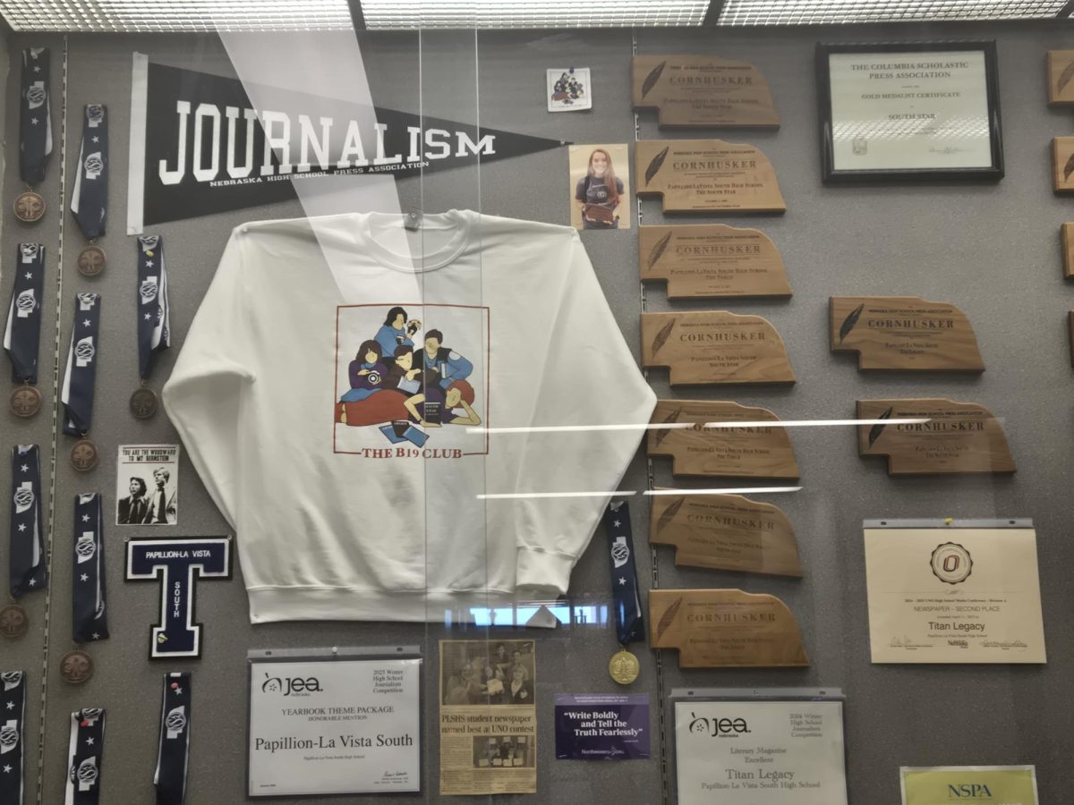 The glass case outside of class B19, filled with the awards and medals earned by journalism students, as well as journalism memorabillia. The achievements are from past and current staff members.
