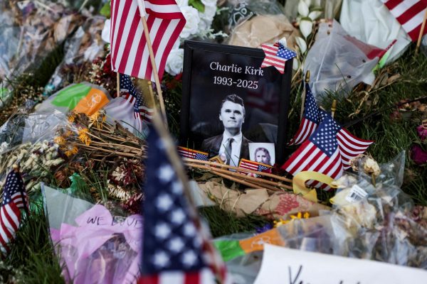 An image of slain conservative commentator Charlie Kirk is placed at a memorial in his honour, at Utah Valley University in Orem, Utah, U.S., September 29, 2025.  REUTERS/Jim Urquhart