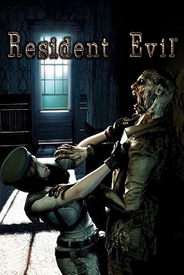 The cover art of the North American copy of Resident Evil, featuring protagonist Jill Valentine as she lifts a zombie into the air. Though not often referred to as one, this installment is a remake, with the original version having released in 1996.
