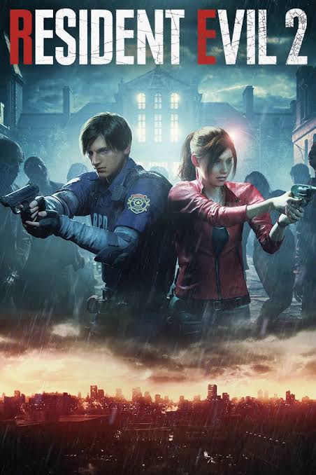 Resident Evil 2: Remake cover art, featuring rookie cop Leon Kennedy (left), and college student Claire Redfield (right) as they're ready for battle.