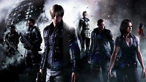 Resident Evil 6 character art, in its entirety featuring several characters spread across the scene, including Piers Nivans and Chris Redfield (leftmost), Leon Kennedy and Helena Harper (foreground), Jack Muller and Sherry Birkin (rightmost background), as well as Ada Wong (far right).